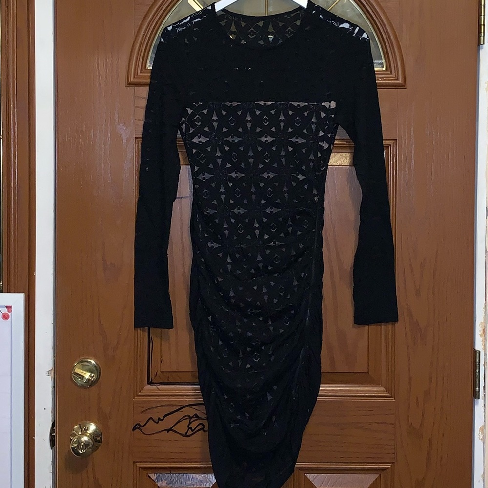 BCBGMaxAzria Alesandra Black Lace Long Sleeve Ruched Dress With Zipper Detail - Picture 5 of 16